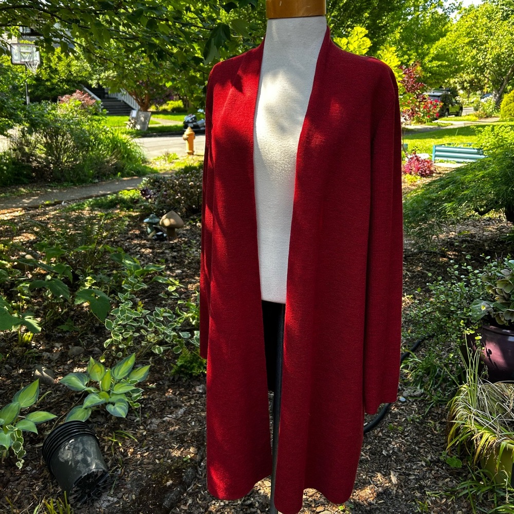 Deep red Eileen Fisher long wool open front cardigan